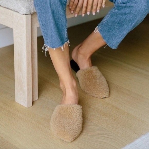 Jenni Kayne Shearling Black Leather Mules Flats Shoes - Picture 1 of 10